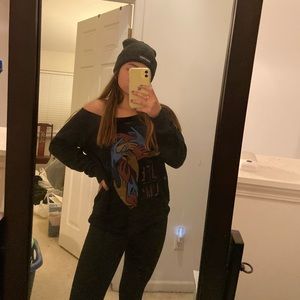 off the shoulder abstract graphic sweater